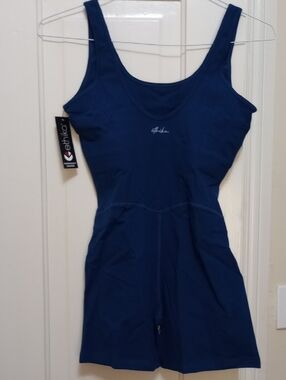 NWT ETHIKA BOLT NAVY BIKER SHORTS ROMPER. SLIM! SEXY! FIRM! Built-in Bra.